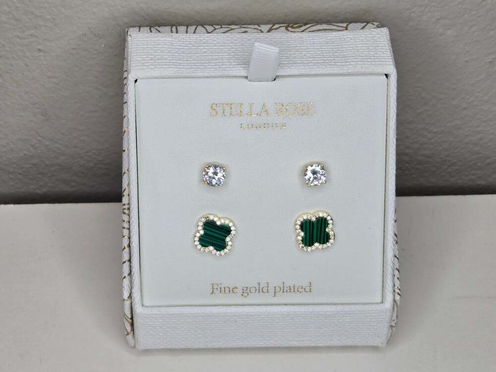 Stella Rose London Fine Gold Plated Clover and Cubic Zirconia Stud Earring Set